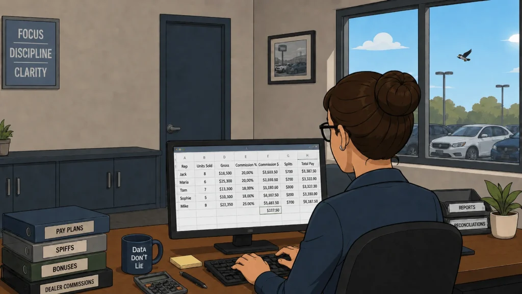 Dealership back office with spreadsheet on screen